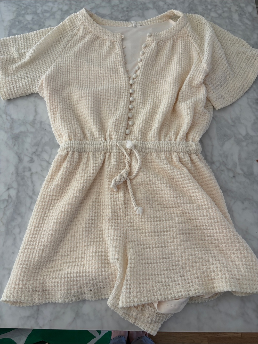 Women’s Cream Waffle-Knit One-Piece Romper with Drawstring Waist